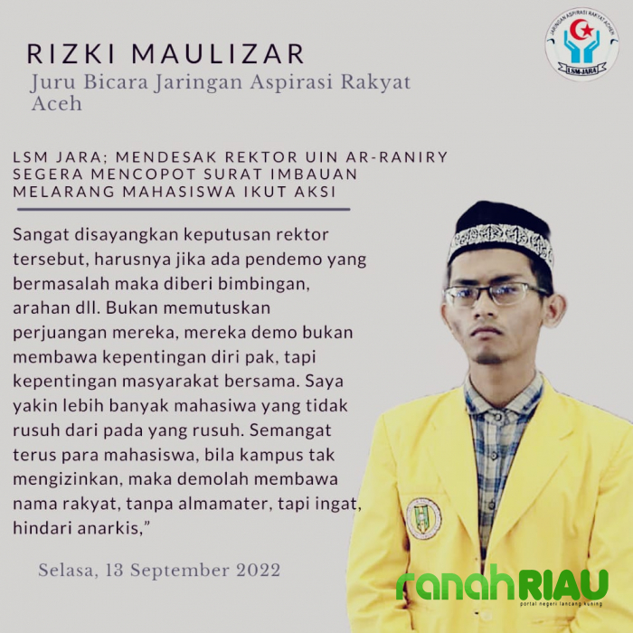 LSM JARA desak Rektor UIN Ar Raniry Segera copot surat Imbauan melarang Mahasiswa ikut Aksi